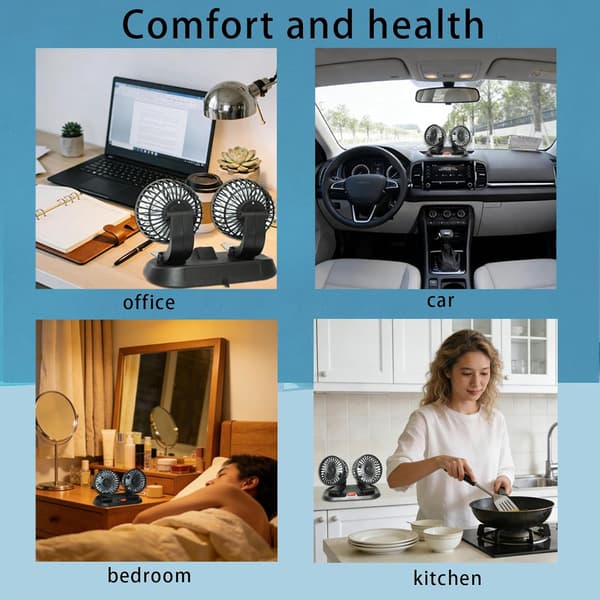 Adjustable Dual Head Car Cooling Fan - Brushless Motor - 2 Speeds, 360° Rotation, for Car Dashboard, Powerful Cooling Solution.