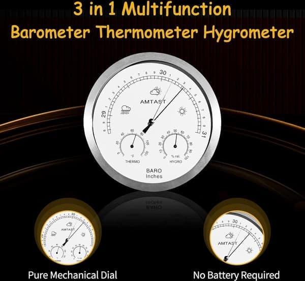 130 mm Dial Three-in-One Thermometer, Hygrometer, Barometer - Air Temperature and Humidity Meter - Silver