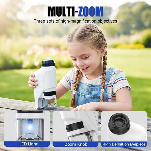 Mini Microscope 2026 New Pocket Microscope for Kids Portable Handheld Children's Microscope Miniscope Educational Science Kits LED Light 60X-120X (White)