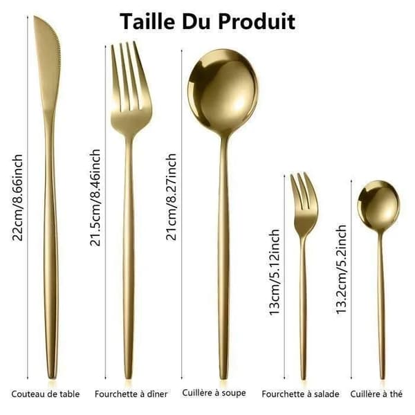 Bestickset - 30 delar - Rostfritt stål - Guld - Serverar 6 - Steakkniv, gaffel och sked