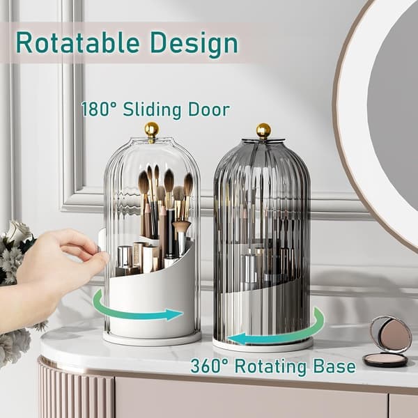 Makeup Brush Holder with Lid Cosmetic Tools Organizer 360 Rotating Waterproof Dustproof Beauty Brush Storage for Dressing Table Transparent