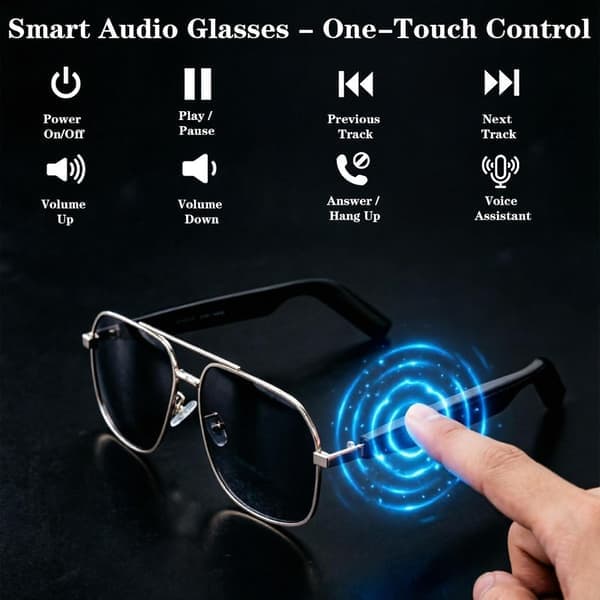 Smart Bluetooth Sunglasses with UV Protection and Blue Light Filter, Open Ear Headphones, IP65 Water Resistant, Silver Frame, Grey Lenses