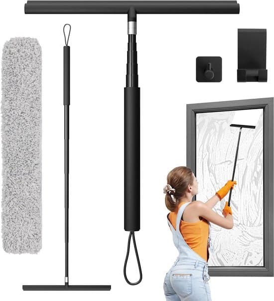 Improved Shower Squeegee with Removable and Extendable Handle - Glass and Tile Cleaner for Bathroom Doors and Walls Includes 2 Self-Adhesive Hangers