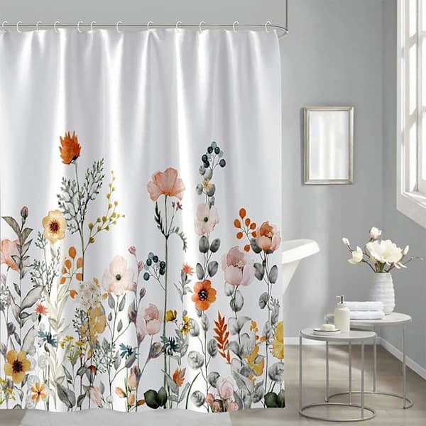 Duschdraperier, duschdraperi i tyg Blommor och växter Vit