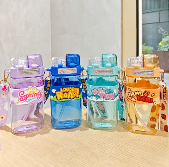 Trendig och söt vattenflaska, dubbel drickskopp, diagonal axelrem, 510 ml, rosa, läckagesäker design med plastsugrör, seriefigur （Stil 3）