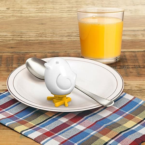 A Set of Two Yellow Chicken Shaped Egg Molds for Boiled Eggs - Cute and Creative Egg Shapers, a Fun Breakfast Helper.