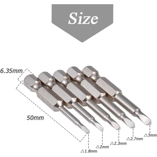 5-delad uppsättning triangulära skruvmejselbits 1.8/2/2.3/2.7/3 mm Magnetiska triangulära skruvmejselbits 1/4 \" sexkantsskaft triangulära borr S2 50