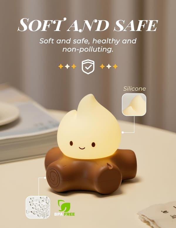 Chibi Campfire Night Light Silicone LED Flickering Flame Light Dimmable Rechargeable Bedside Lamp Anime Kawaii Lamp Decor