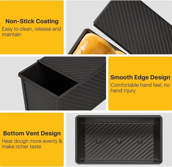 Non-stick aluminium toastform med låg (sort), bageform til brød og kager
