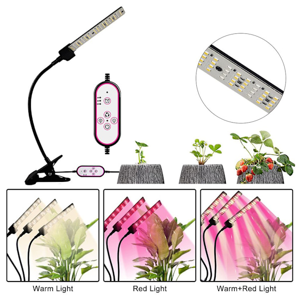 Fullspektrum LED-växtlampa 3 ljuslägen växtljus växthusväxtlampa med timer