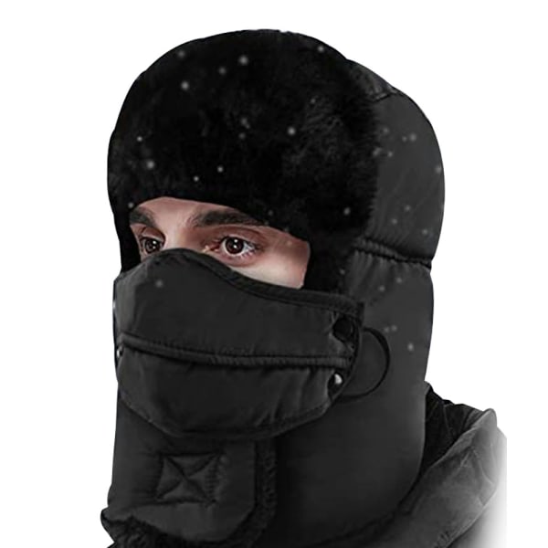 Vinter utomhus Trapper Hat, Trooper Aviator Ski Hat Earflap med mask för män och kvinnor Svart