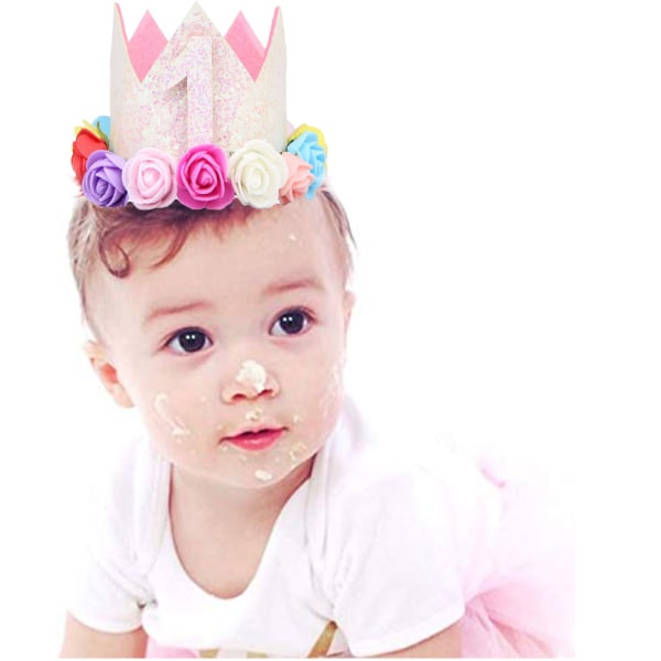 Baby Birthday Crown Blomma Tiara Pannband Första födelsedagsfest Hatt Hårband Prinsess Foto rekvisita