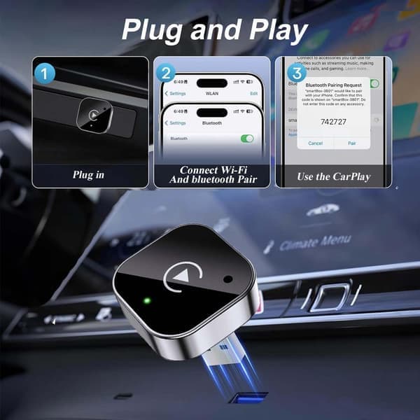 CarPlay-adapter for iPhone og Android, Mini kablet til trådløs adapter for CarPlay og Android Auto, Plug and Play, Stabil tilkobling og ingen forsinkelse