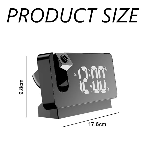 Projektionsväckarklocka för sovrum, digital väckarklocka, radiodimmer och USB-laddningsport, 180° roterande projektor, dubbel väckarklocka, snooze