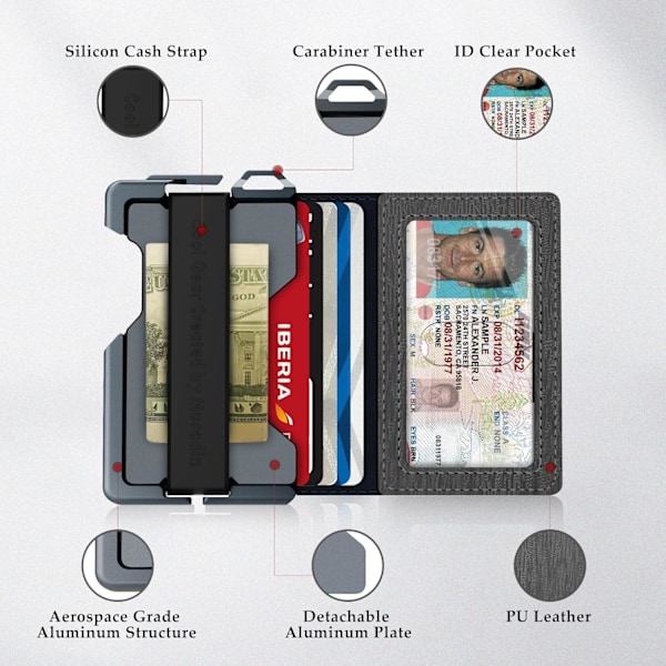Taktisk minimalistisk plånbok för män, smal RFID-blockerande metallkortfodral, framficka Menu2019s läder Dapper Bifold-plånbok med pengaclip Grey Grey