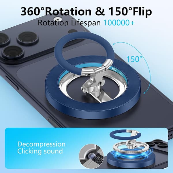 Magnetisk telefonringhållare – Kompatibel med iPhone, Samsung och magnetiska bilfästen; Stöder 360° rotation och dubbelsidigt grepp – Blå Sapphire blue