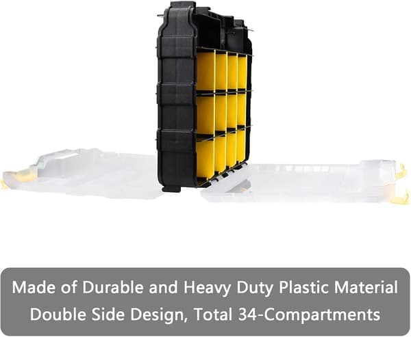 Tool Organizer Box For Small Parts 34 Compartments Double-Sided Hardware Organizer with Removable Plastic Dividers for Screws, Nuts, Nails,