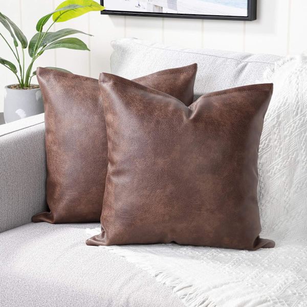 Set med 2 konstläder dekorativa kuddfodral moderna enfärgade utomhuskuddfodral lyxiga örngott för soffa säng 18x18 tum mörkbrun