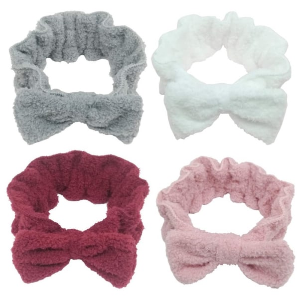 4 delar hårpannband pannband för att tvätta ansikte för kvinnor makeup spa pannband, mikrofiber bowtie dusch pannband (rosa, röd, vit, grå)
