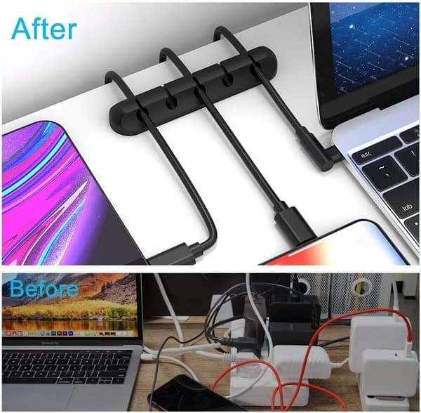 3-pack Universal Cable Clip Organizer - Self-Adhesive Silicone Cord Holder for Desk, Car & Home Office, USB & Charging Cables (Black)