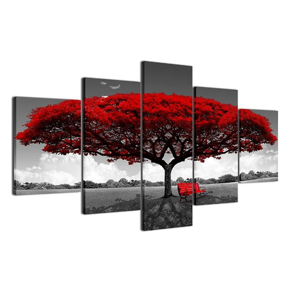 5 st / set Moderne Toile Peinture Décor Rouge Arbre Art Toile Peinture à L'huile Image Imprimer Sans Cadre Sasicare