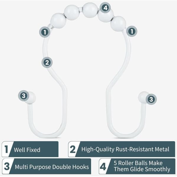 Set med 12 rostfria duschdraperikrokar i metall, rostfria duschdraperiringar i metall, dubbla duschdraperikrokar, vit