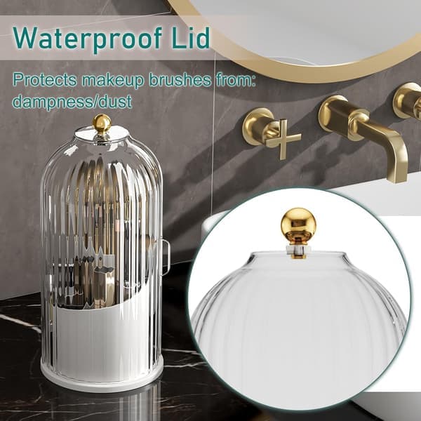 Makeup Brush Holder with Lid Cosmetic Tools Organizer 360 Rotating Waterproof Dustproof Beauty Brush Storage for Dressing Table Transparent