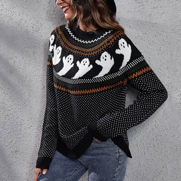 Svart M Halloween Ghost Sweater Halloween Retro Ghost Polka Dot Print Långärmad Crewneck Stickad Tröja för Kvinnor