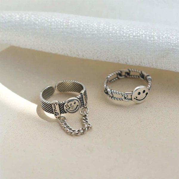 Knuckle Rings Set 2 st Smiley Finger Ring med kedja Tassel Half Open Midi Ring för kvinnor och flickor