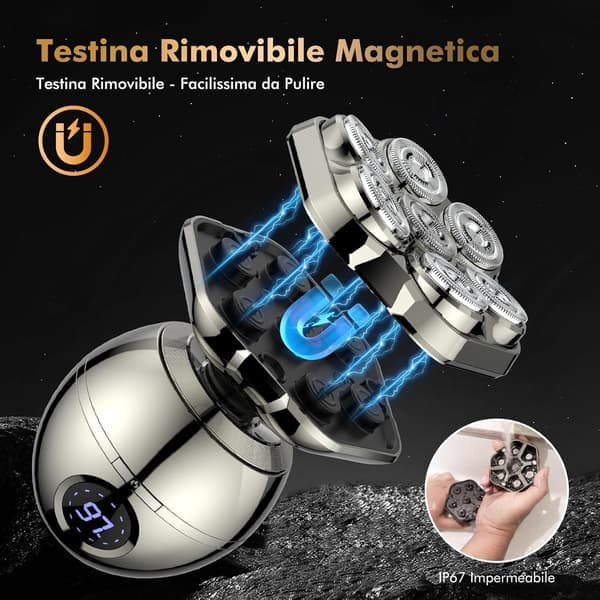 7D magnetisk barbermaskin Absolute-6 - Zero Glip hodebarbermaskin, IP67 vanntett med LED-skjerm, 6-i-1 hår
