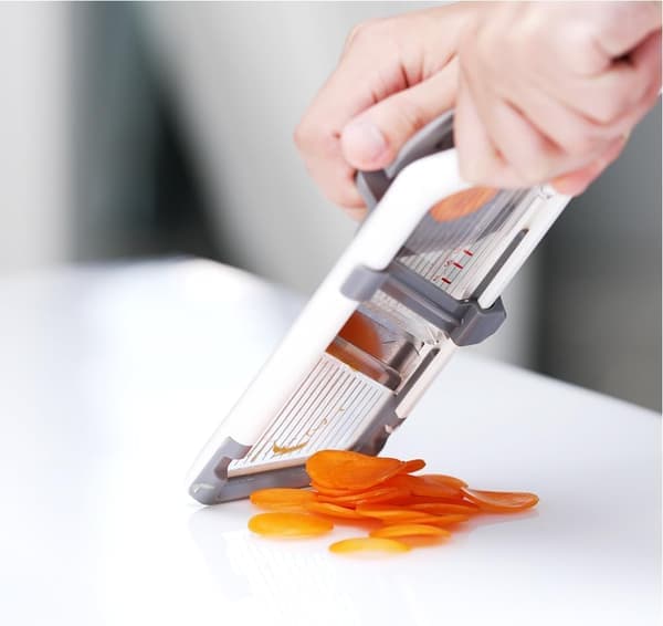 Handheld Mandoline with 3 Adjustable Thicknesses (1-3mm) & Food Holder - Safe Potato & Cucumber Slicer, Easy Cleaning (Grey)