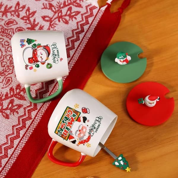 Ceramic Coffee Mugs for Couples with Lid and Spoon Cute Tree Christmas Gift Birthday Present Holiday Themed Mug Creative Home Decor Gift