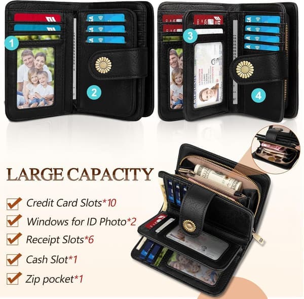 Women's Leather Wallets, Medium RFID Blocking Bifold Compact Ladies Wallet with Pocket, Girls Multi-Compartment Wallet