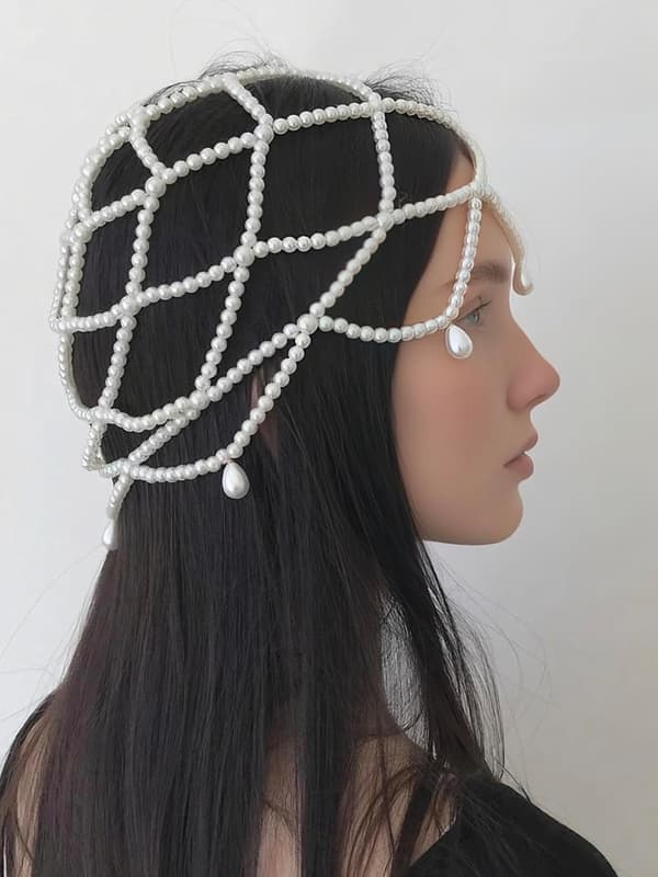 Etnisk retro brude vanndråpe imitasjon perle hodeplagg håndlaget perlestenger catwalk smykker personlighet mote netting hårpynt