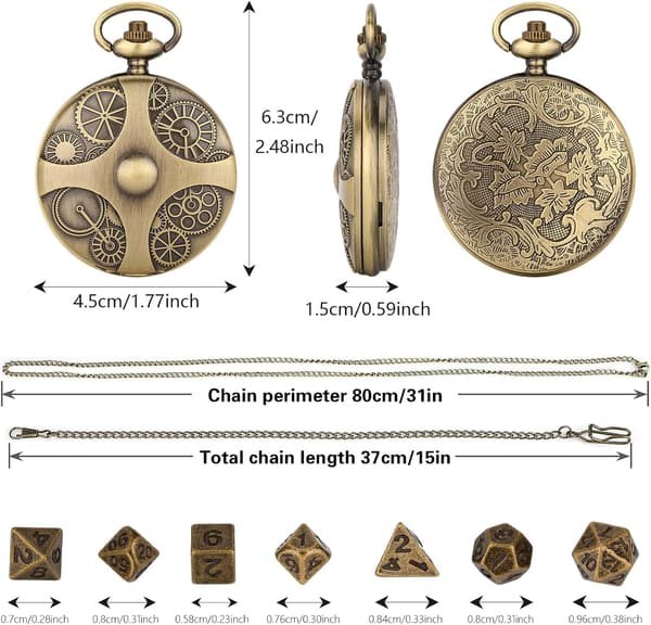 Mini D&D Dice Set with Bronze Steampunk Gear Pocket Watch Case, 7 Pcs Polyhedral Metal D&D Dice Set, Role Playing Game Accessories
