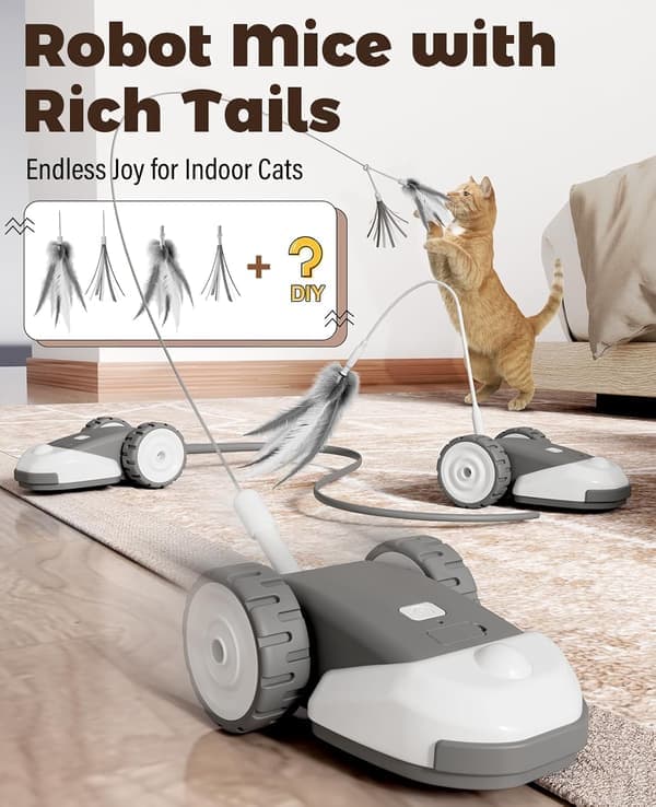 3-in-1 Interactive Cat Toy with 2-Speed Automatic Mouse, Hanging Feather & Silicone Tail - Self-Play Fun for Bored Indoor Cats & Kittens grey