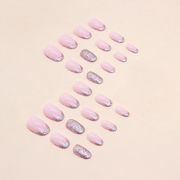 Oval Press on Nails Short False Nails Glitter French Tip Nails Press ons Glossy Glue Nails Pink Full Cover False Nails with Glitter Design Artifici