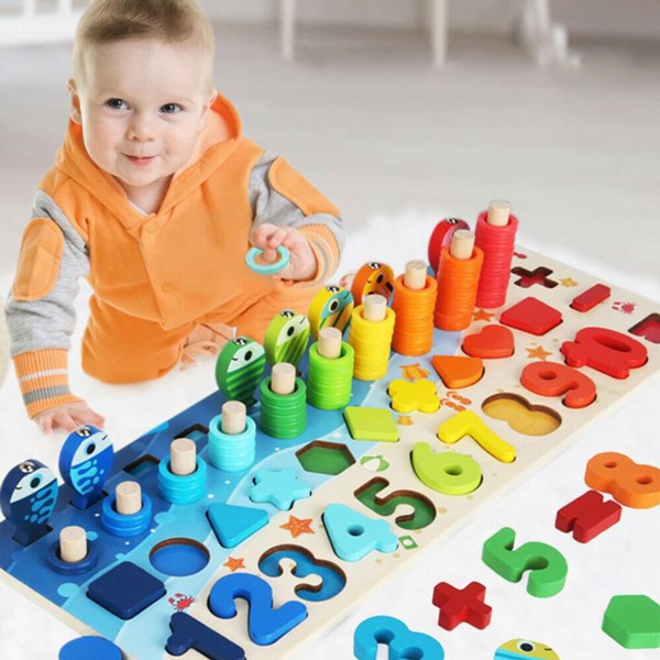 Montessori Leksakspussel Barn Fiskelek Träleksak Instickslek Sortera Insticksleksak Matematik Räkning