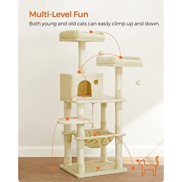 Feandrea kattträd, stabilt katttorn, 2 plysch abborre, 143 cm, beige