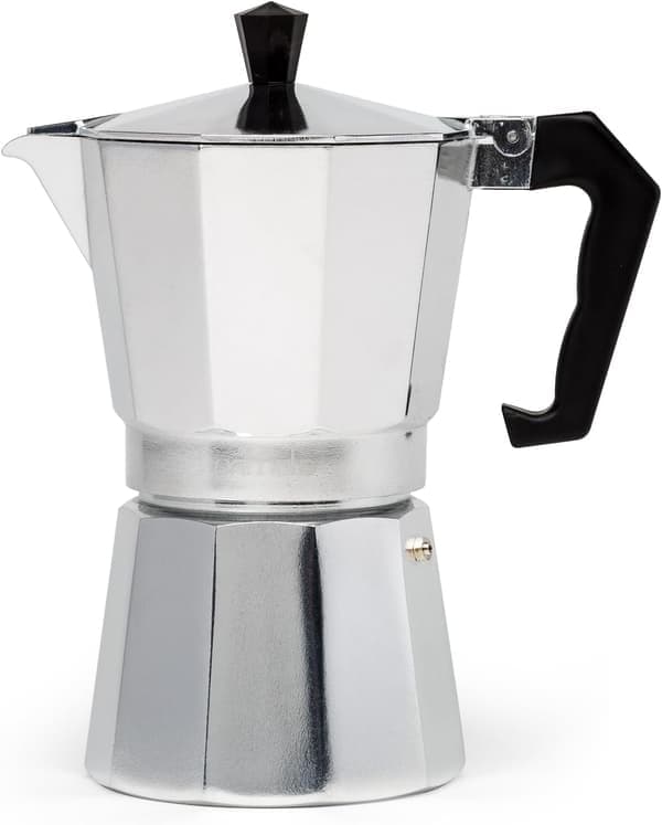 Klassisk mokkabrygger, egnet for brygging av italiensk og kubansk kaffe, gresk kaffekanne, 6-kopps kapasitet, sølv.