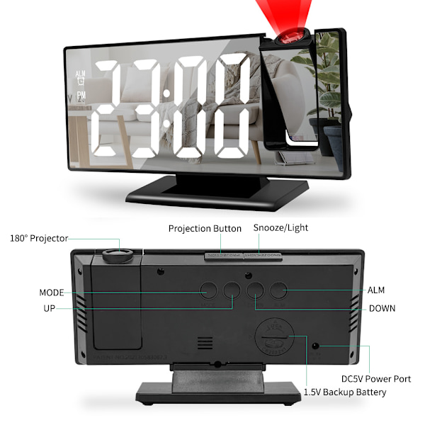Digital väckarklocka, projektionsväckarklocka för tunga sovare, digital klocka för sovrum med stor LED-skärm, 12/24H, USB-laddningsport, snooze,
