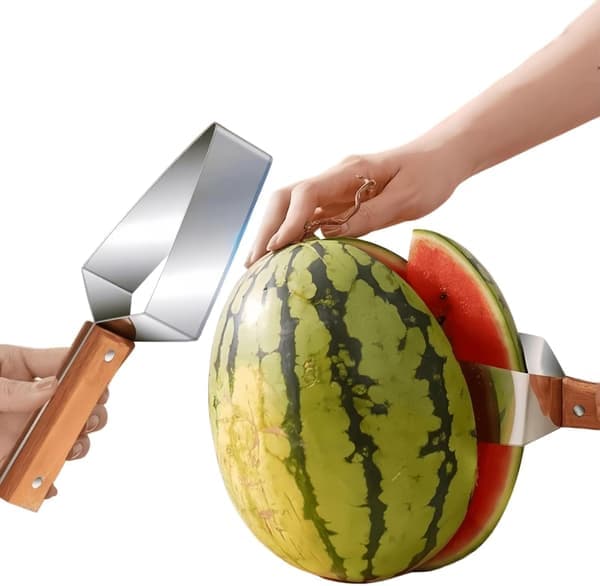 Stainless Steel Watermelon Slicer, Triangular Melon Splitter, Multifunctional Fruit Tool with Wooden Handle, Summer Kitchen Utensil