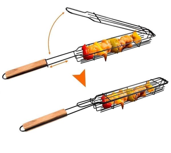 Återanvändbara non-stick grillkorgar med trähandtag. 6-pack.