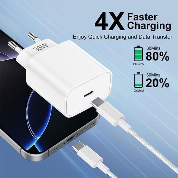 Rask lader 35W - EFConnection - USB-C - Kabel 2M - Kompatibel med iPhone 17, 17 Pro, Pro Max, 16, 15 Hvit