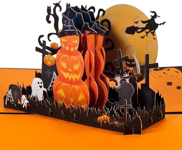 3D Halloweenkort, Pop-op Græskar og Spøgelse, Sammenfoldeligt Kort med Konvolut til Halloween