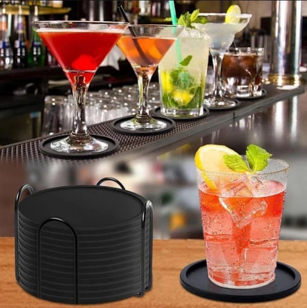 12-pack Reversible Silicone Coasters - Round, Stable, and Non-Slip with Metal Stand for Easy Organized and Tidy Storage
