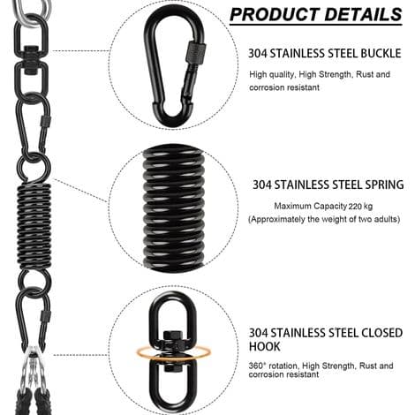 Suspension with 360° Rotating Ring and 2 Carabiners, Swing Spring for Hanging Chair, Hammock Spring Hook