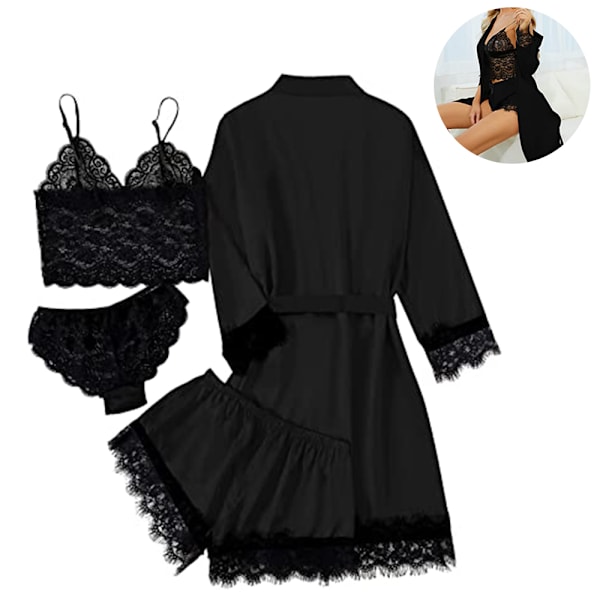 4-delad kvinnors satin blommig spets camisole topp underkläder pyjamas set med morgonrock klänning kimono underkläder set satin pyjamas spets morgonrock bh