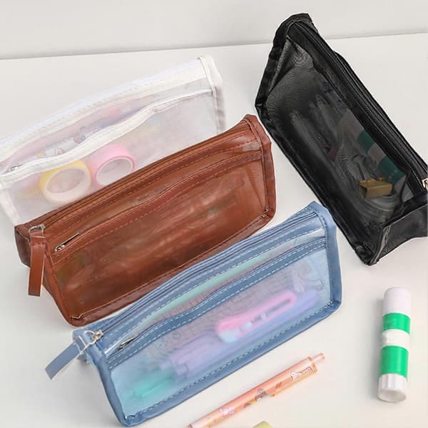 Pencil Case Transparent Large Capacity Mesh Double Layer Pen Pouch School Supplies Coffee