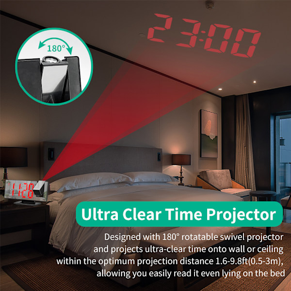 Digital väckarklocka, projektionsväckarklocka för tunga sovare, digital klocka för sovrum med stor LED-skärm, 12/24H, USB-laddningsport, snooze,